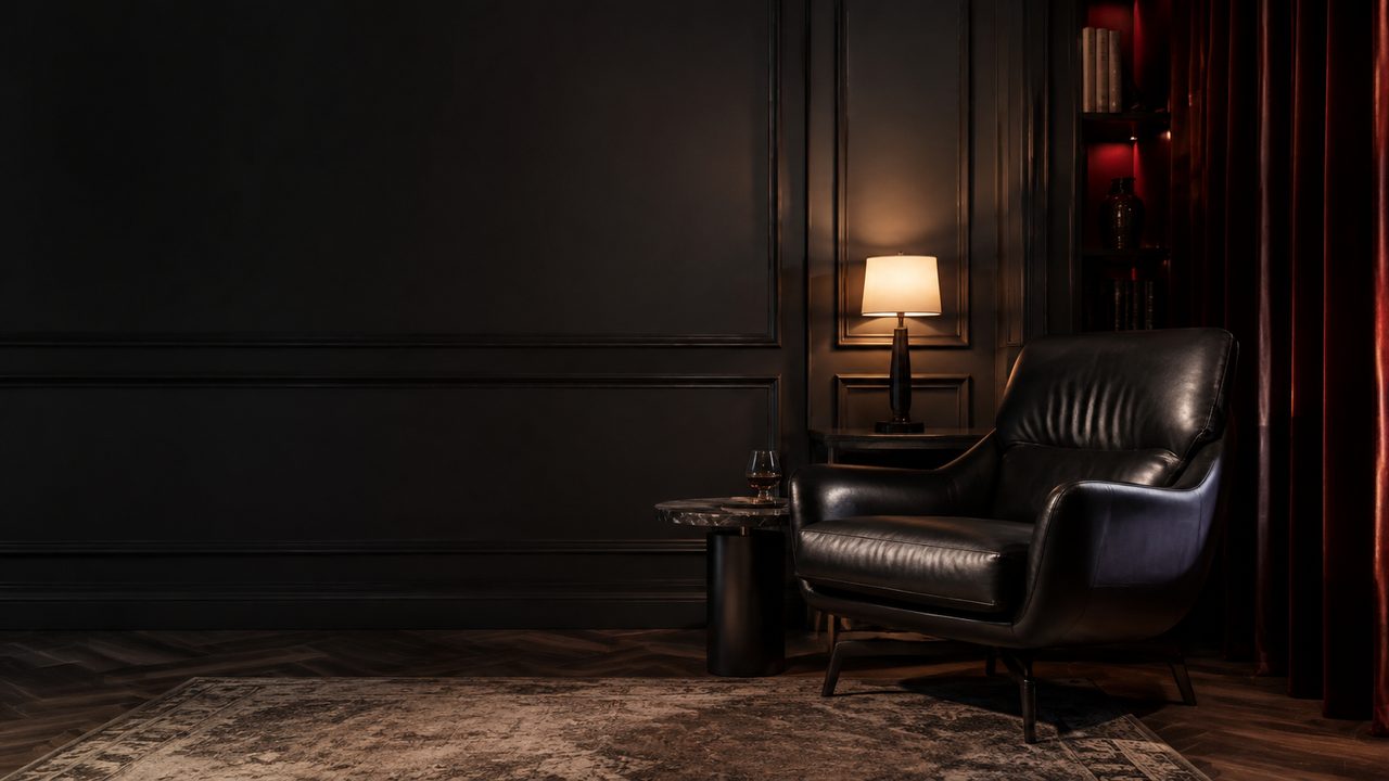 AI-generated private sitting room with a black leather armchair, warm lamp light, and burgundy curtains.