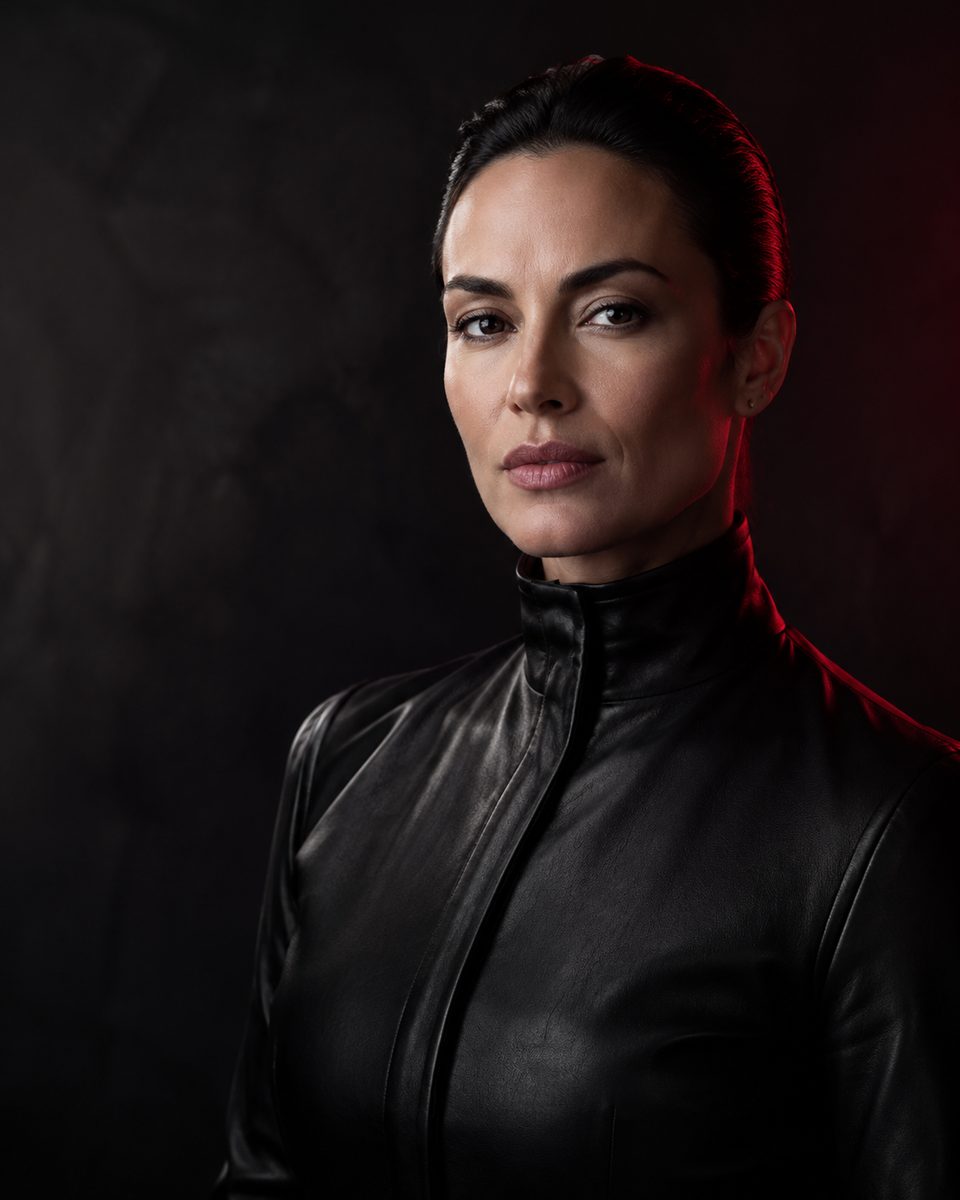 AI-generated portrait of Vesper in a black leather jacket, looking directly at the viewer.